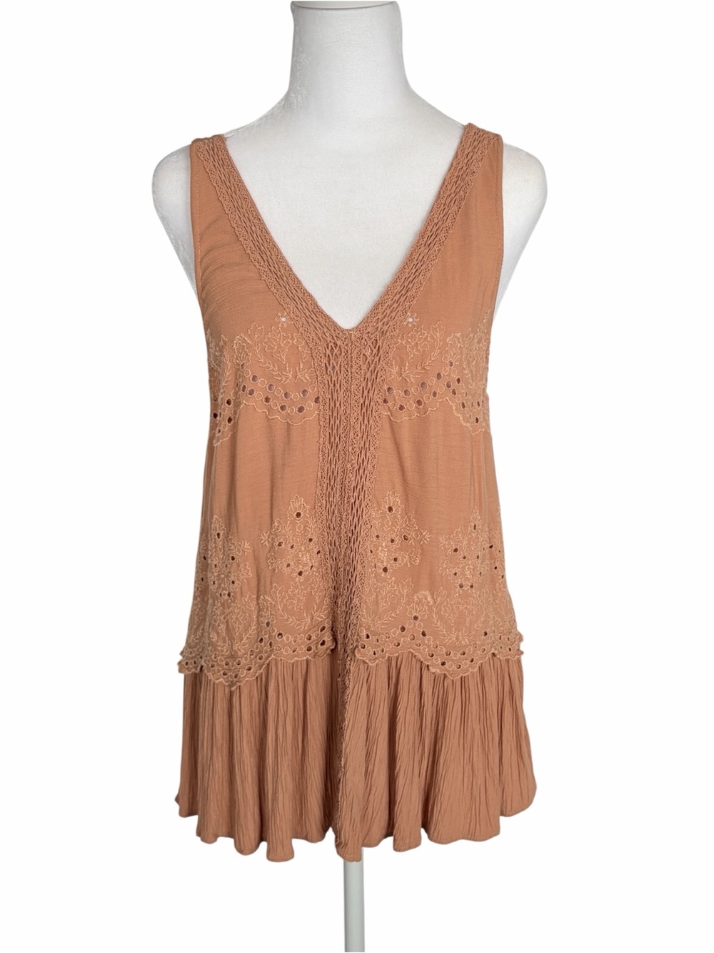 American Eagle Womens Size M Sleeveless Light Brown Lace Gauze Embroidered Top